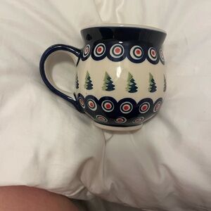 Handmade Polish Christmas Tree Ceramic Mug with Blue and Red Circles